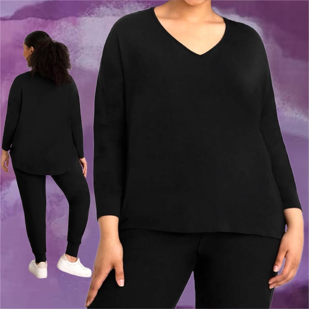 sympli • bamboo v-neck boxy top in black stretch knit m